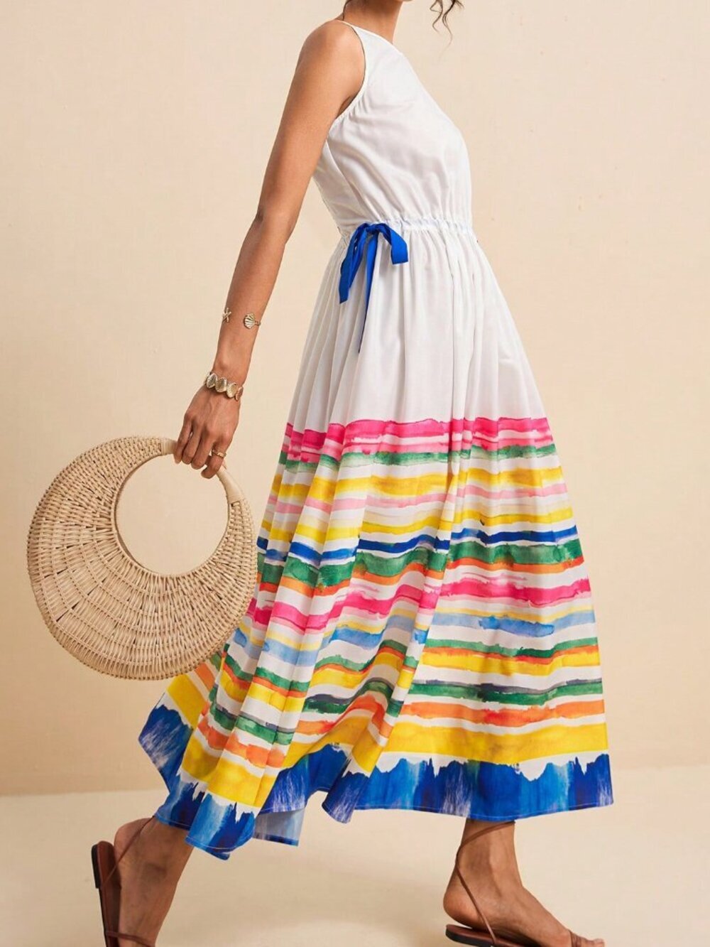 Multicolor Boho Women's Vacation Abstract Stripe Sleeveless Dress